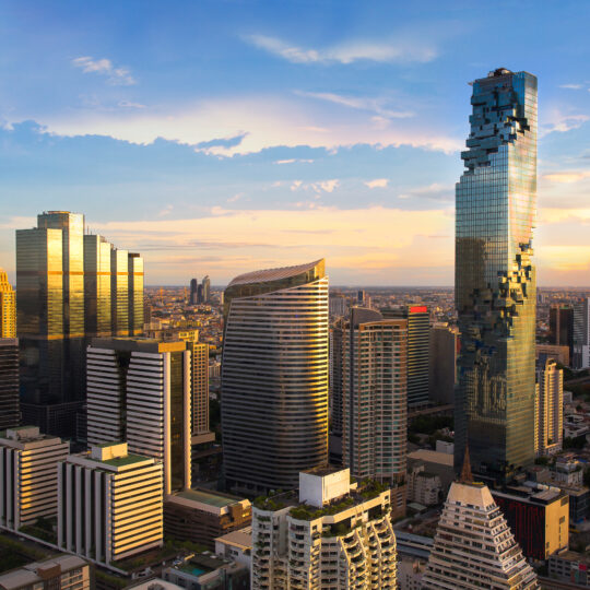Bangkok,Cityscape,,Business,District,With,High,Building,At,Dusk,(bangkok,
